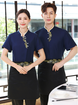 เสื้อฟอร์มพนักงานร้านอาหารกาแฟโรงแรม แขนสั้น แดง น้ำเงิน เขียว L-6XL F6705008 เสื้อ+กันเปื้อน ** ขั้นต่ำ 2 ตัว