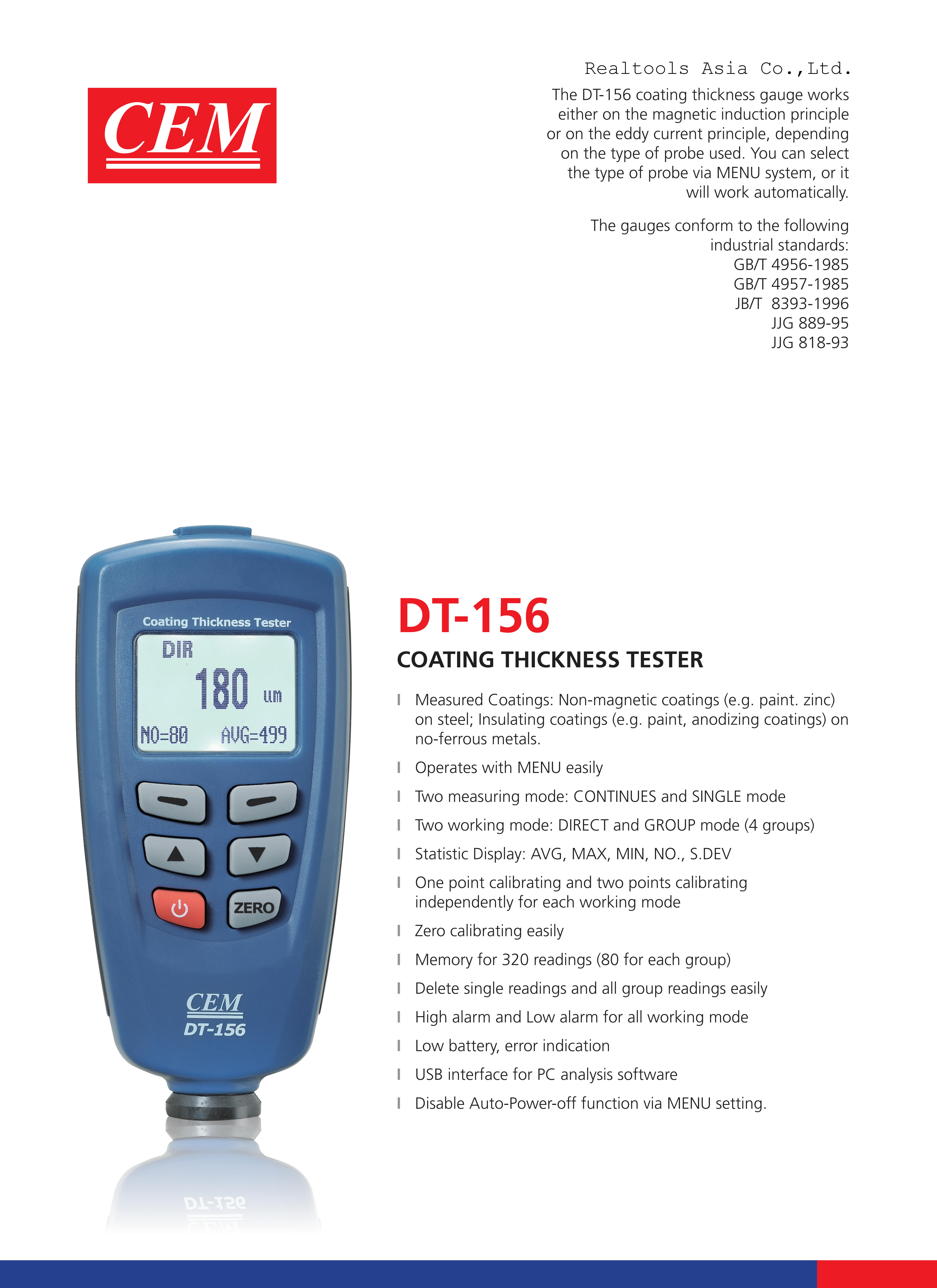 CEM รุ่นDT-156เครื่องวัดความหนาเคลือบ,Coating thickness tester,meas.range:0~1250µm(F/N)