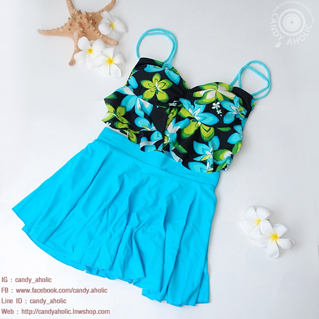 (XXL) ชุดว่ายน้ำลายดอก กราฟฟิคสีสรรสดใสช่วยพรางหุ่น ทรงจีบอก สายผูก สองสีให้เลือก