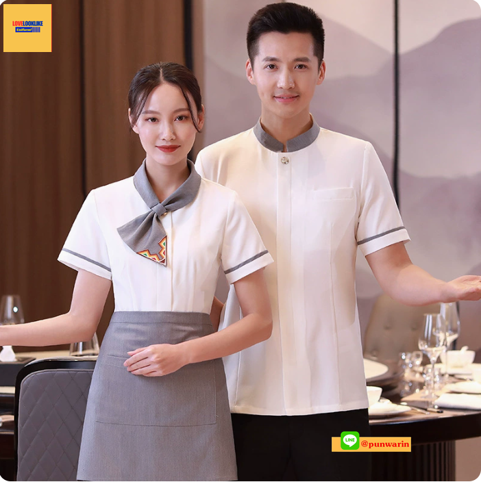 เสื้อพนักงานต้อนรับ เสื้อพนักงานเสริฟ เสื้อพนักงานโรงแรม เสื้อพนักงานร้านอาหาร เสื้อพนักงานซุปเปอร์มาร์เก็ต เสื้อพนักงานร้านกาแฟ ดำ ขาว L-4XL F6802002 เสื้อ+ผ้ากันเปื้อน