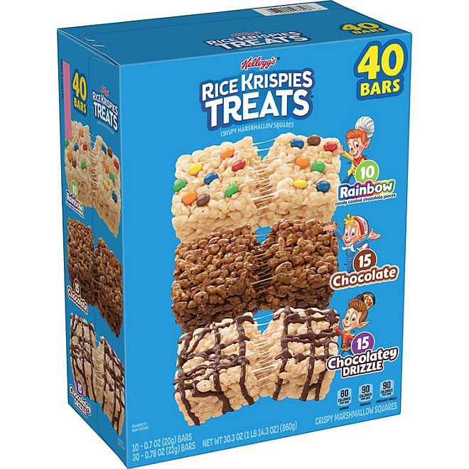 ขนมอร่อยสุดฮิต ผลิตและนำเข้า🇺🇸 ข้าวพองกรอบผสมมาร์ชเมลโล่ แสนอร่อย Kellogg’s Rice Krispies Treats Variety Pack, 40 ct. แพครวม3 รส. รสดั้งเดิม 15 ชิ้น,Rainbow 10 ชิ้น ,รสช๊อคโกแลต 15 ชิ้น (1.3 oz., 40 ct.) 1 กล่องบรรจุ 40 ชิ้น