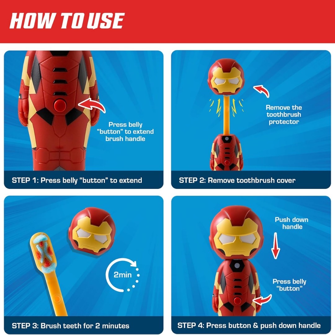 นำเข้า 🇺🇸 ✨แปรงฟันให้สนุกสนานด้วยแปรงสีฟัน Brush Buddies Marvel Iron Man Poppin’ Toothbrush’ขนนุ่มพิเศษ ราคา 690 บาท