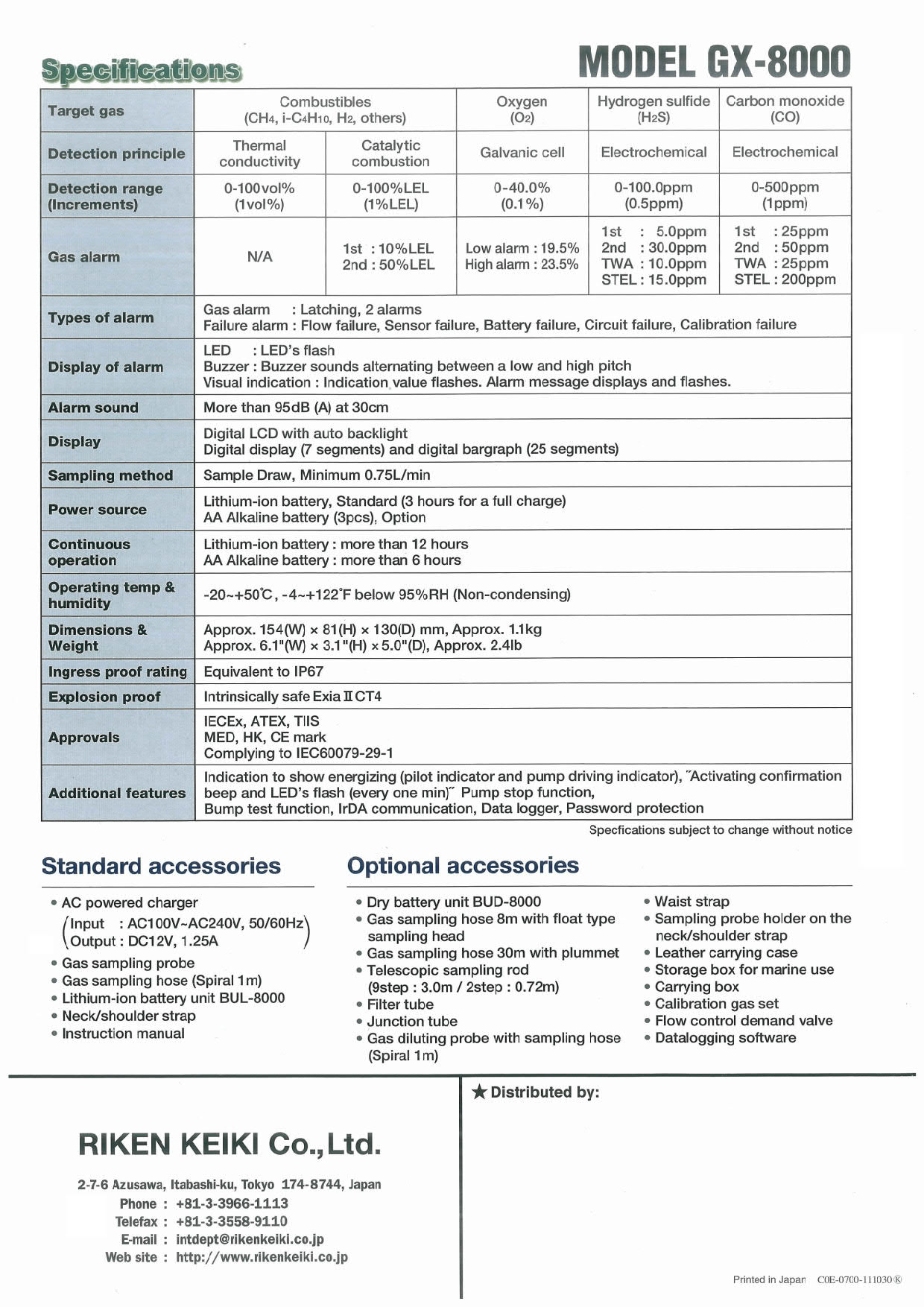 Riken รุ่นGX-8000-Eเครื่องตรวจวัดจับการรั่วไหลของก๊าซแบบพกพา,Portable Multi Gas Detector,Gas Monitor GX-8000(Type-E)