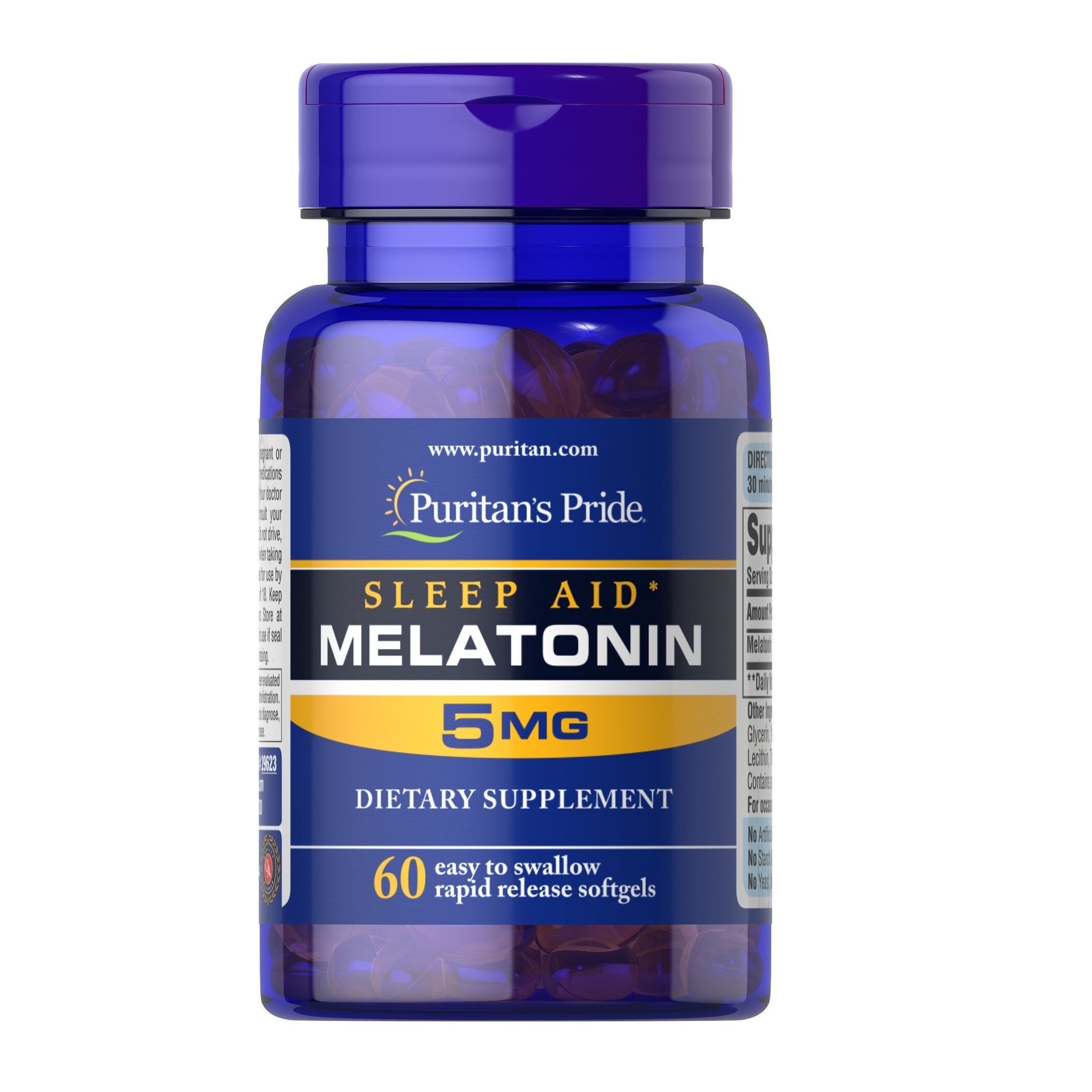PURITAN'S PRIDE :: Melatonin 5 mg เมลาโทนิน 5 มิลลิกรัม 60-120 เม็ด ผ่อนคลาย แก้ปัญหานอนไม่หลับ (เลือกขนาดด้านใน) -