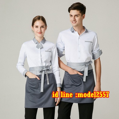 F6109001 เสื้อพนักงานต้อนรับพนักงานเสริฟเสื้อพนักงานโรงแรมนรีสอร์ทเสื้อเชิ้ตสีขาวสลับเทา ขาวขลิปเทา S M L,XL,XXL F6109001-1 ตัว