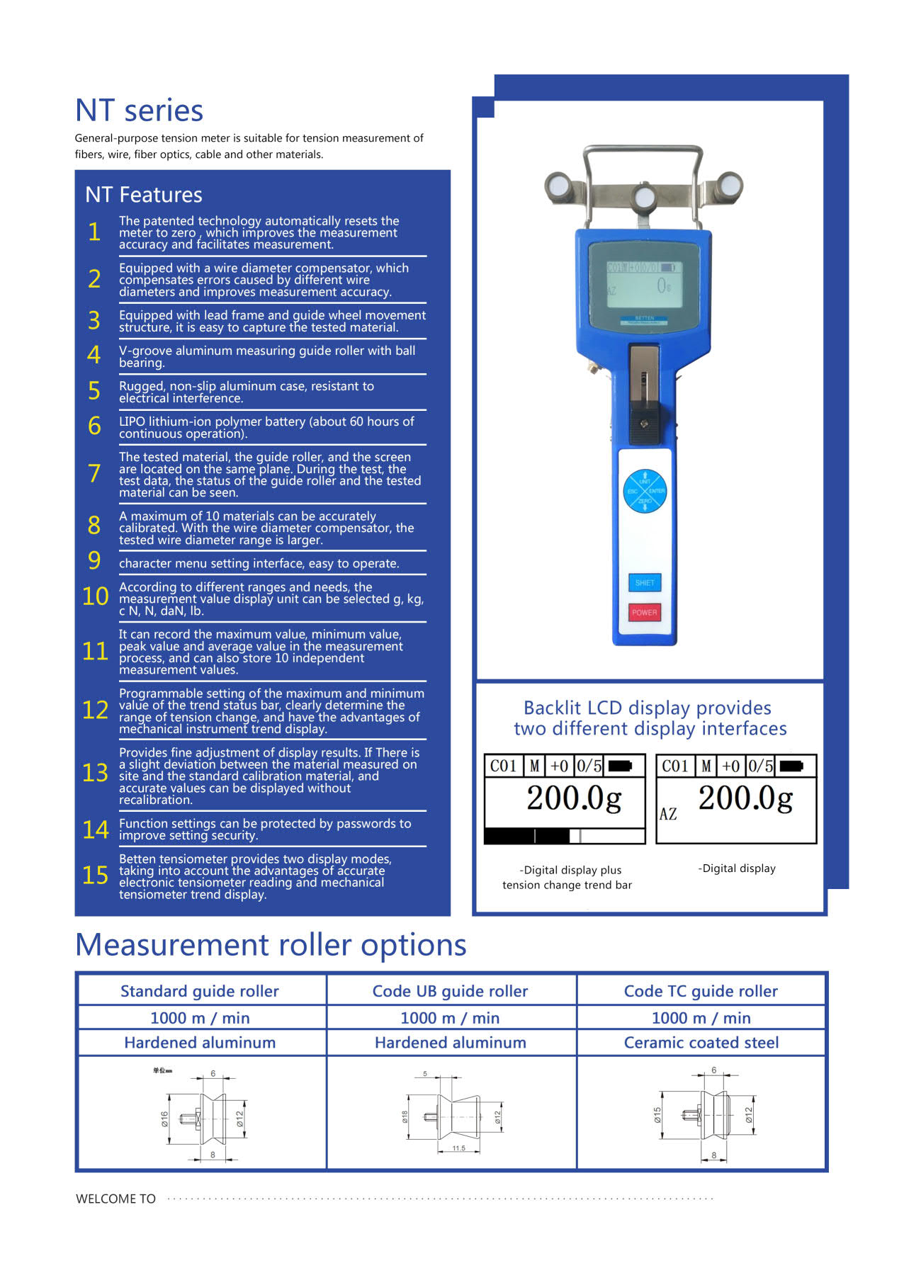 Betten รุ่นNTX-1000เครื่องและเกจวัดแรงตึงสิ่งทอ(เส้นด้าย),Digital General-purpose tension meter,USB,Meas.head width65mm,Range:10～1000cN.