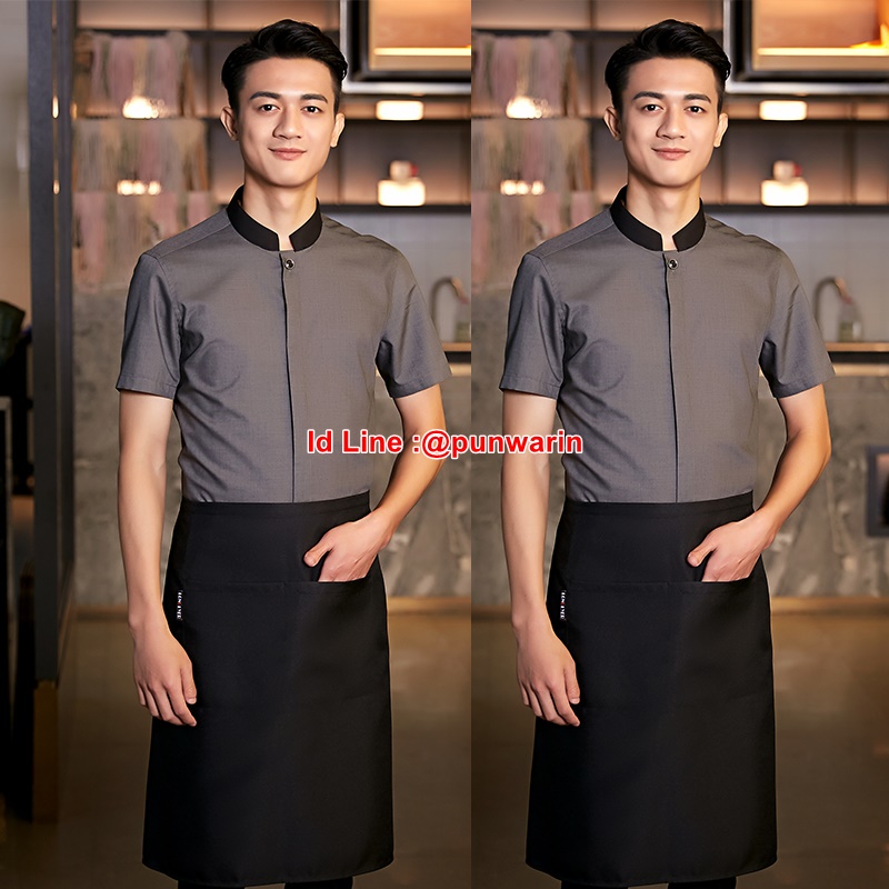 เสื้อพนักงานต้อนรับพนักงานเสริฟเสื้อพนักงานโรงแรมนรีสอร์ทเสื้อเชิ้ตลายทางแขนสั้น สีเทา S-4XL F6307002 เสื้อ+เปื้อน