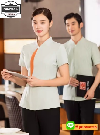 ชุดพนักงานร้านอาหารร้านกาแฟโรงแรมรีสอร์ต แขนสั้น น้ำเงิน แดง เขียวอ่อน L-4XL FC6701003 เสื้อ **ไม่มีขั้นต่ำ