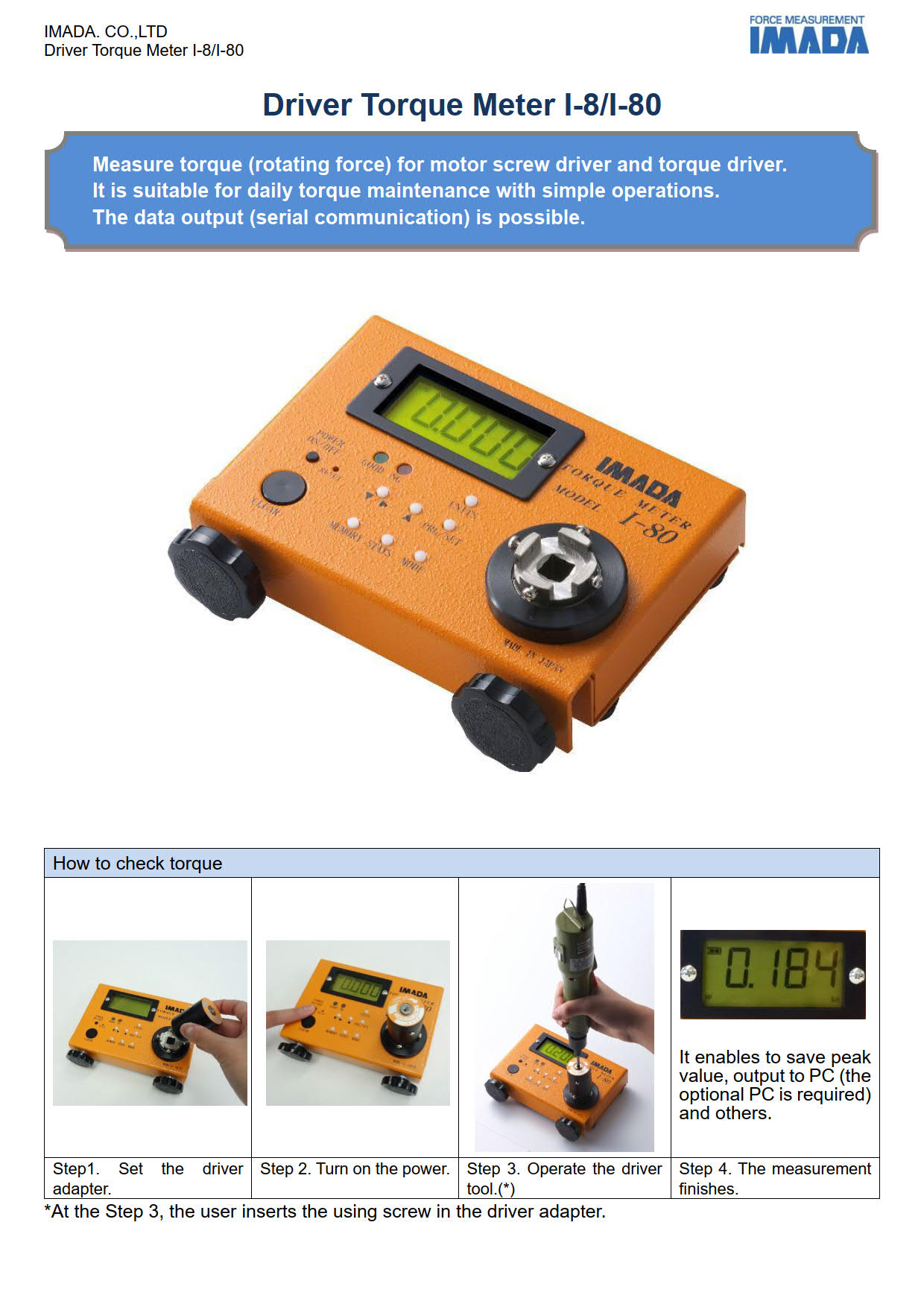 Imada I-8/I-80เครื่องวัดแรงบิดไขควงทอร์คTorque Calibrators/Torque Testers for Electric Power Drivers