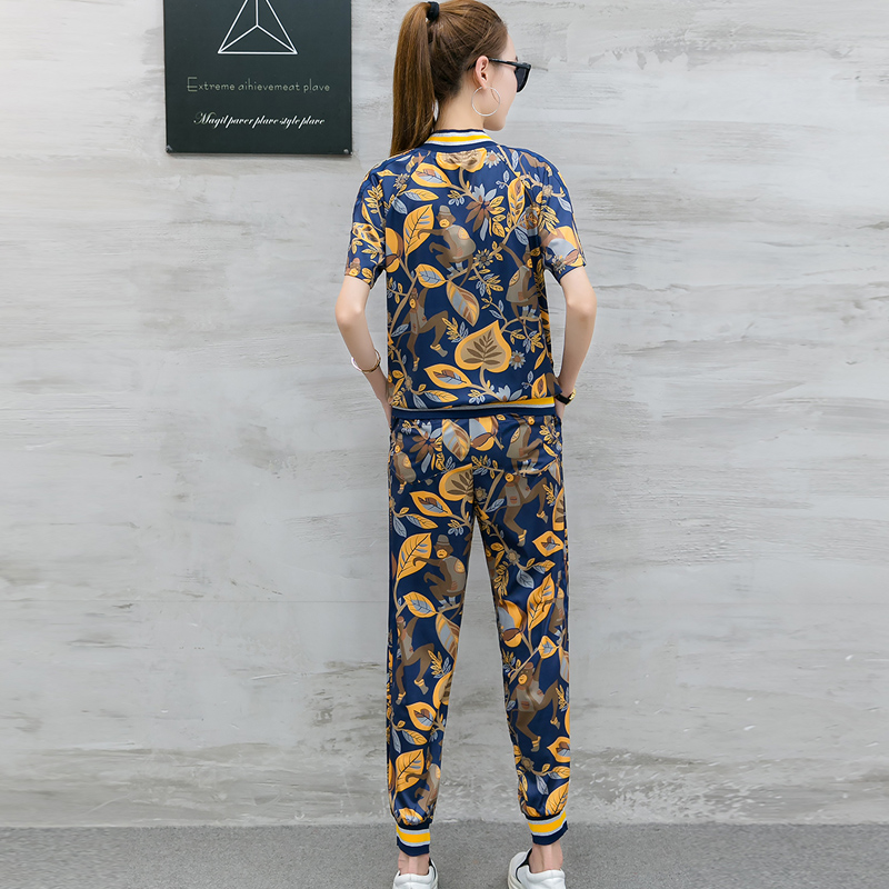 UP6011010 เสื้อชุดเบสบอลซิปหน้าเกงขายาวพิมพ์ลายใบไม้สีดำเหลืองฤดูร้อน UP6011010 ตัว
