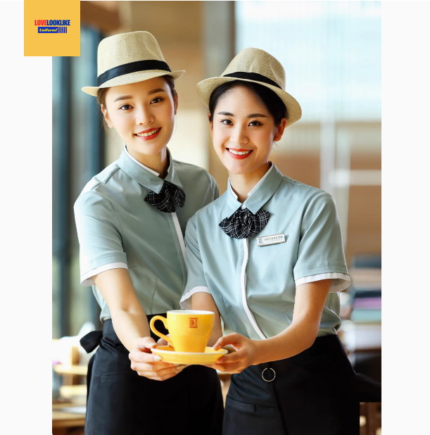 เสื้อฟอร์มพนักงานร้านอาหารกาแฟชานม Bushiyi จัดเลี้ยงโรงแรมร้านอาหารตะวันตก เขียว ฟ้า M-4XL F6806002 ตัว
