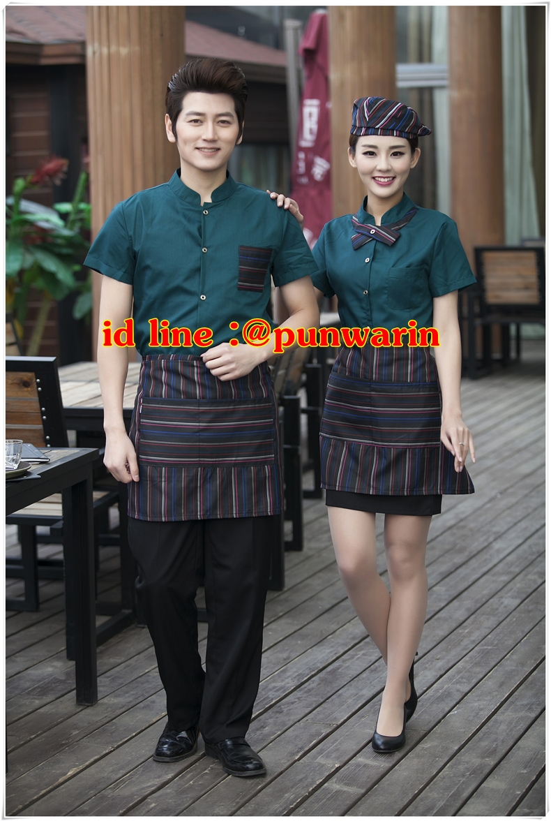 F6012015 เครื่องแบบชุดฟอร์มพนักงานร้านอาหารกาแฟโรงแรม แขนสั้นผ้าฝ้ายกระดุมหน้า แดง ดำ เขียว L-3XL F6012015 เสื้อ+กันเปื้อน