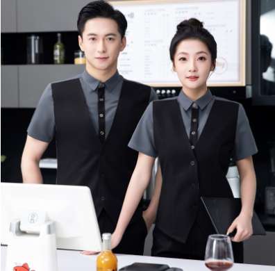เสื้อฟอร์มพนักงานร้านอาหารกาแฟโรงแรม แขนสั้น เทา แดง เบจ เขียว L-6XL F6705017 เสื้อกั๊กในตัว ** ขั้นต่ำ 2 ตัว