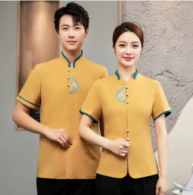 เสื้อฟอร์มพนักงานร้านอาหารกาแฟโรงแรม แขนสั้น แดง ดำ ม่วง L-4XL F6705022 เสื้อ ** ขั้นต่ำ 2 ตัว