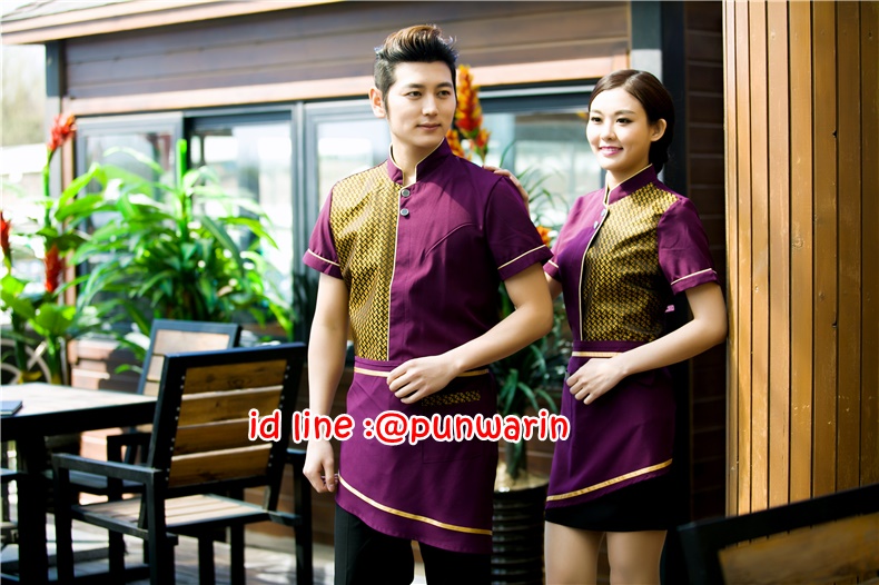 เครื่องแบบชุดฟอร์มพนักงานร้านอาหารกาแฟโรงแรม แขนสั้นผ้าฝ้ายกระดุมหน้า ดำ ม่วง แดง L-3XL F6206001 เสื้อ+ผ้ากันเปื้อน