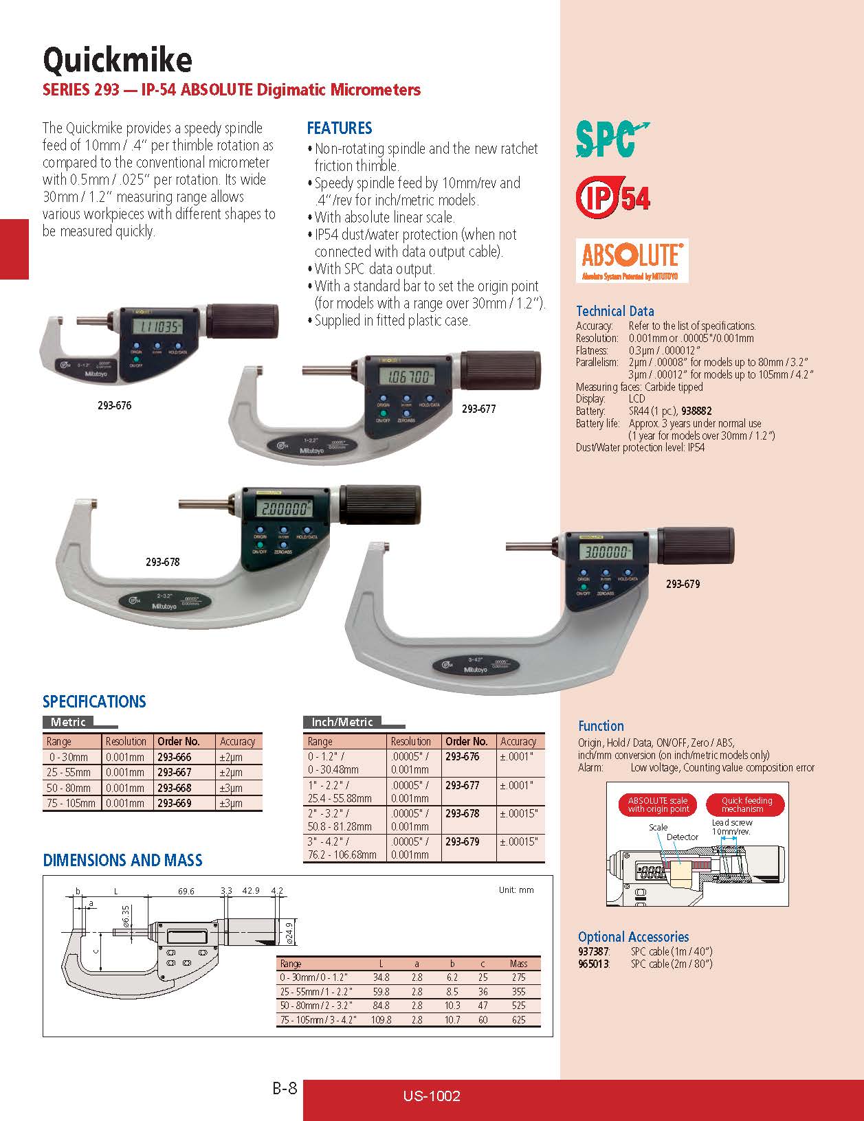 Quickmike SERIES 293 — IP-54 ABSOLUTE Digimatic Micrometers