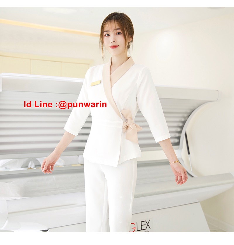ชุดพนักงานต้อนรับสปา ชุดพนักงานคลีนิคความงาม ชุดทำงาน ชุดสูท สีขาว S-2XL T6306002 ชุด