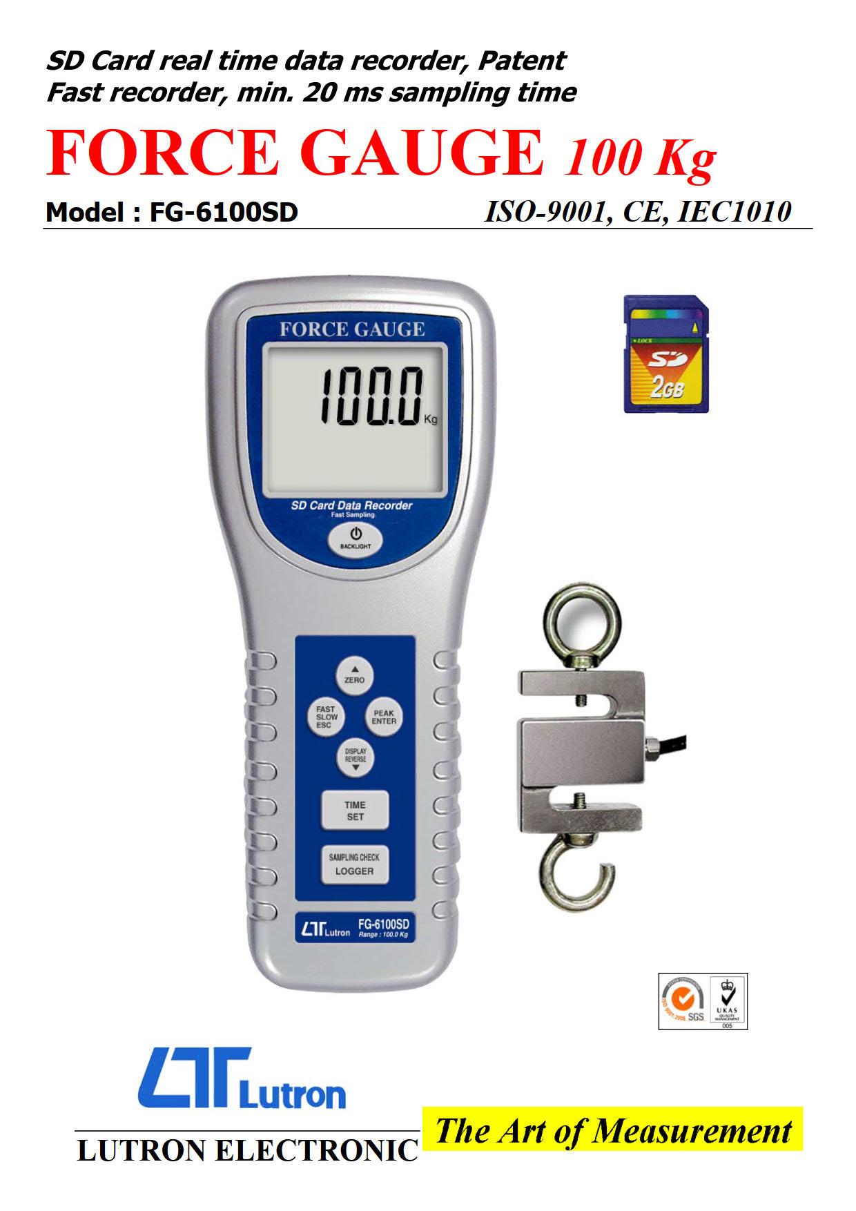 Lutron รุ่น FG-6100SD เครื่องวัดแรงดึงแรงผลักแบบแสดงผลด้วยตัวเลข Digital force gauge 100 Kg FG-6100SD