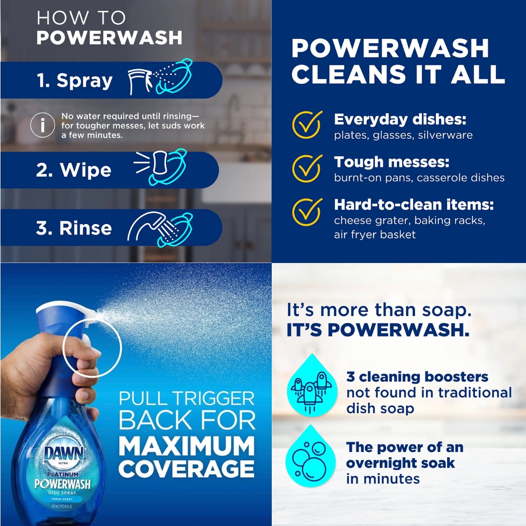 นำเข้า 🇺🇸 👉 ชีวิตง่ายขึ้น 5 เท่า‼️เซทสเปรย์ล้างจาน Dawn Platinum Plus Powerwash กลิ่นหอมสดชื่น 🌿ขวดสเปรย์ 1 ขวด + รีฟิล 2 ขวด ปริมาณ 64.5 ออนซ์ ✨