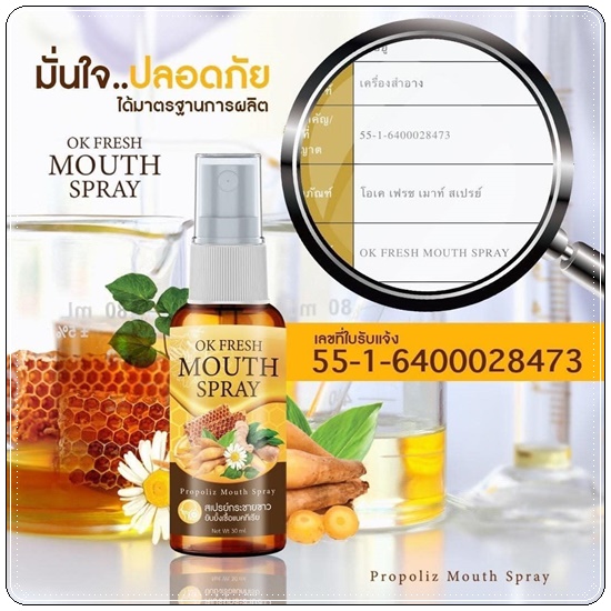 สเปรย์กระชายขาว OK Fresh Mouth Spray สเปรย์พ่อคอโพรโพลิซ