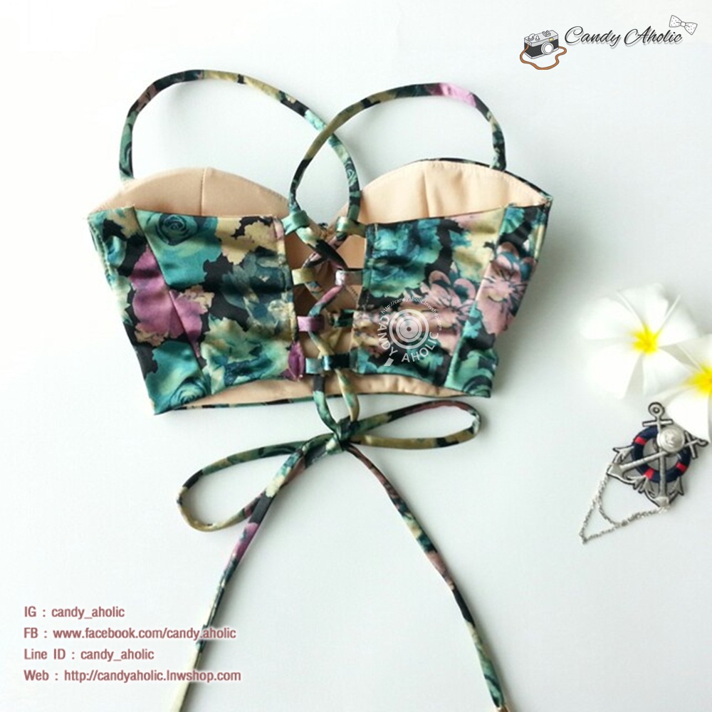 [Size S,M] ชุดว่ายน้ำทูพีช บราถักหลังลายดอกกุลาบเขียว ผ้ามันเงา กางเกงเอวสูง