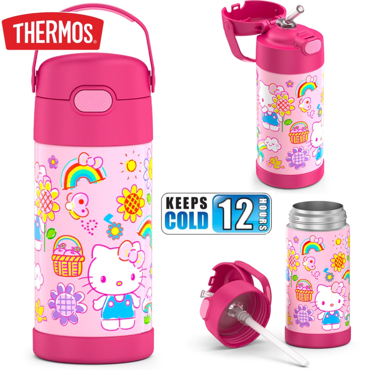 THERMOS FUNTAINER 12 Ounce Stainless Steel Vacuum Insulated Kids Straw Bottle, Hello Kitty ราคา 990 - บาท