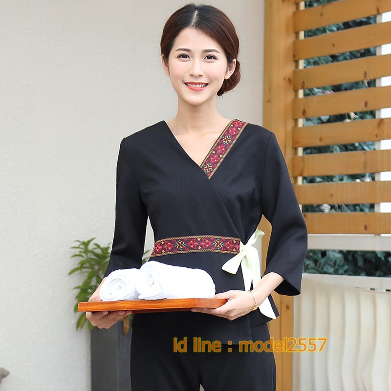 S6106012 ชุดพนักงานนวดสปา ชุดพนักงานเสริมสวย ชุดทำงาน ชุดสูท แขนยาว ดำ ชมพูเข้ม SA--2XL S6106012 ชุด