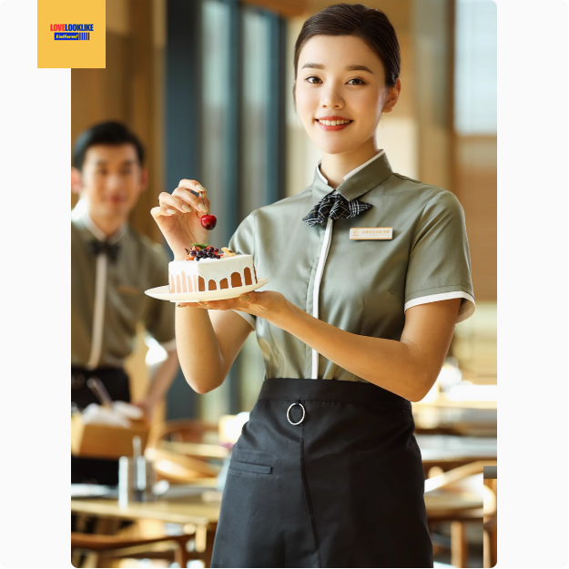 เสื้อฟอร์มพนักงานร้านอาหารกาแฟชานม Bushiyi จัดเลี้ยงโรงแรมร้านอาหารตะวันตก เขียว ฟ้า M-4XL F6806002 ตัว