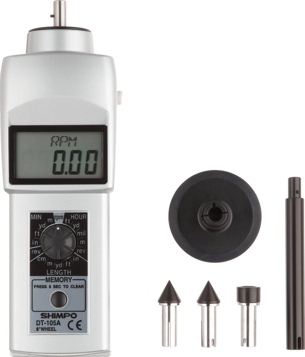 NidecShimpo รุ่น DT-105A เครื่องวัดความเร็วรอบแบบดิจิตัลล้อหมุนขนาด6นิ้ว,Digital Contact Tachometer with LCD Display Meas.range:0.10～25,000RPM,±0.006%