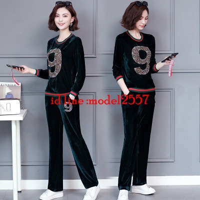 UP6109004 เสื้อชุดสองชิ้นกางเกงกำมะหยี่คอกลมสีดำและเขียว ดำ เขียว M-5XL UP6109004 ตัว