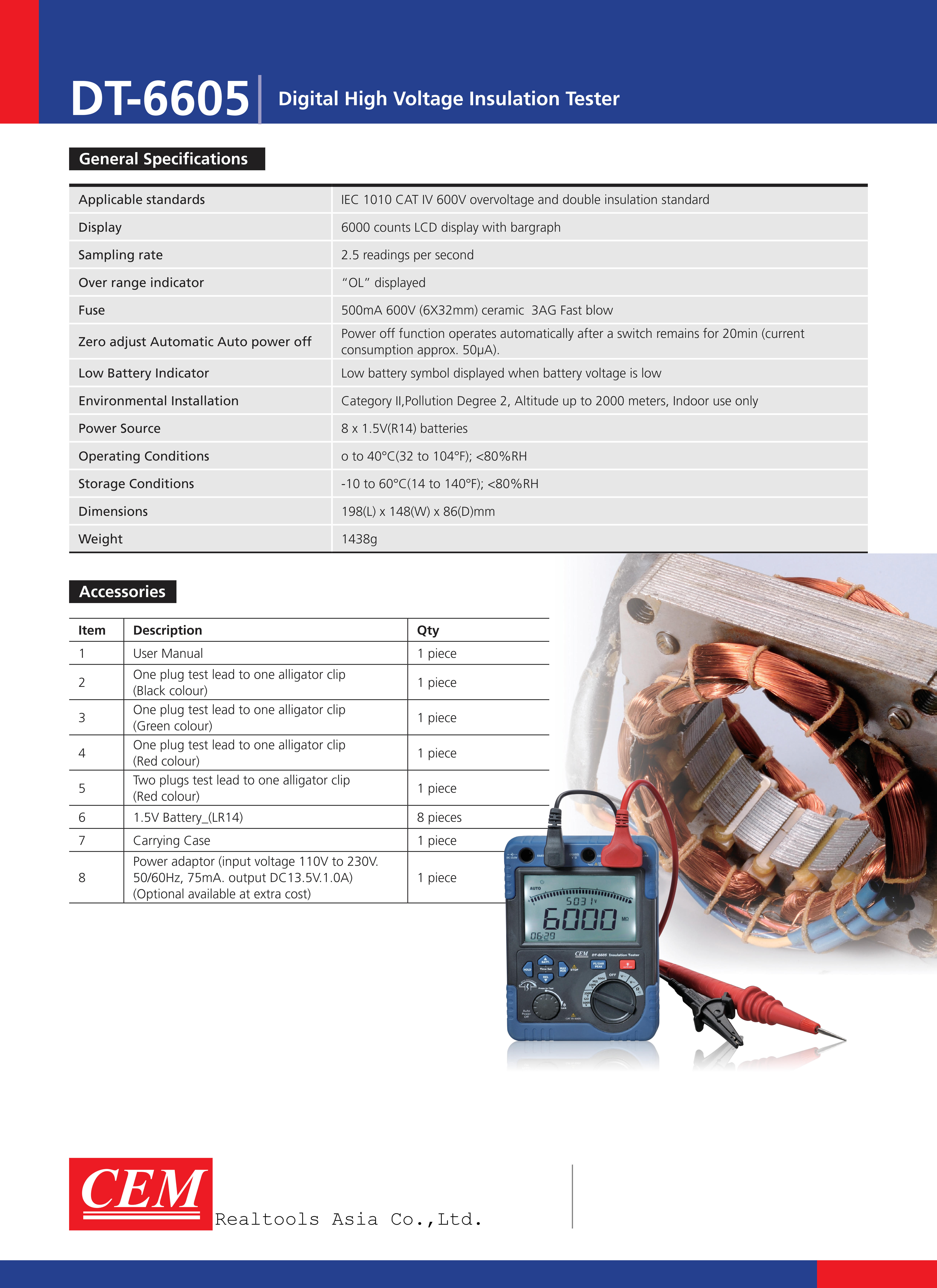 CEM รุ่นDT-6605เครื่องวัดความต้านทานDigital Insulation Tester Meg/Giga Ohm Meter,Insulation test range:0.1～60GΩ