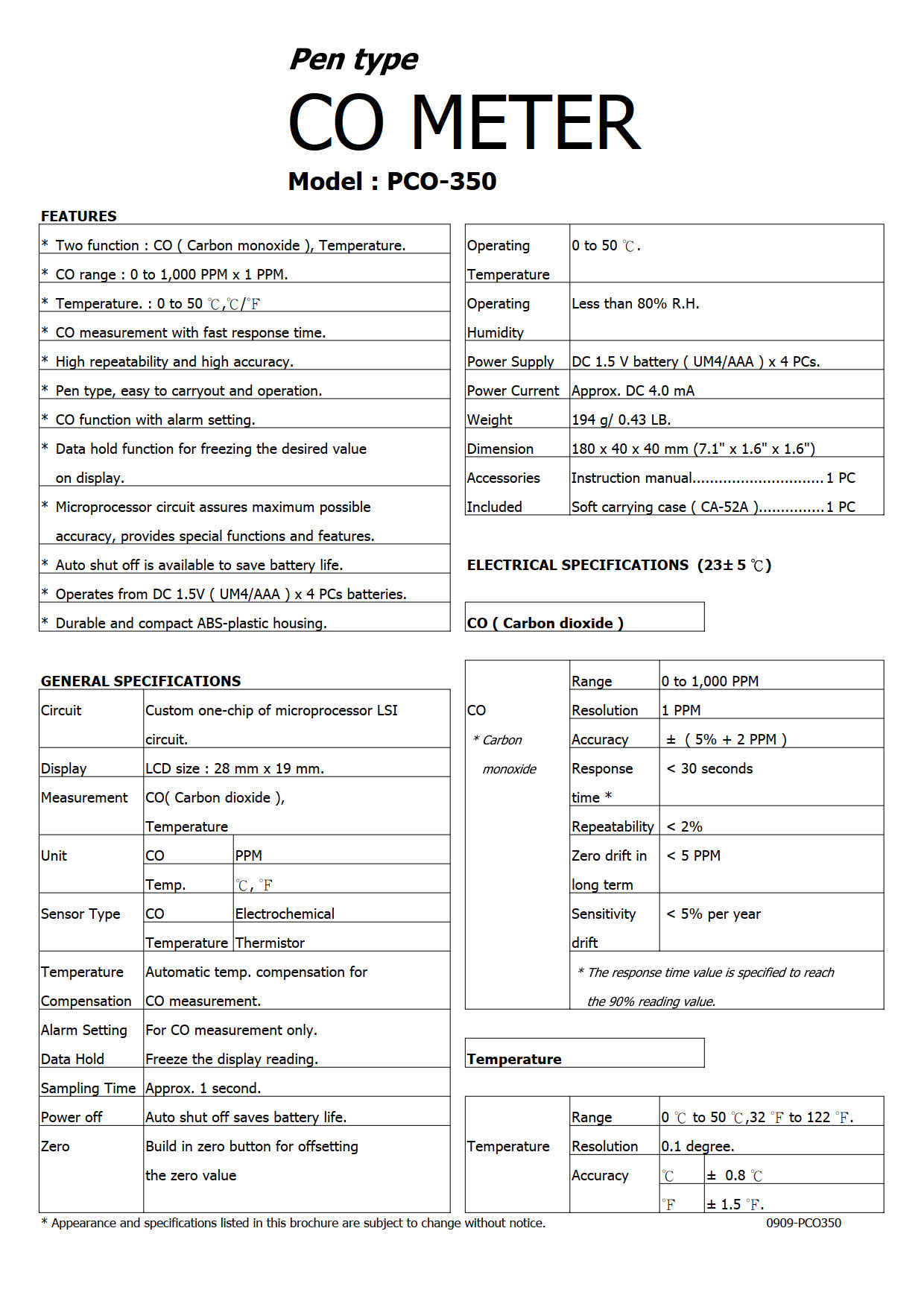 Lutron รุ่นPCO-350เครื่องวัดคาร์บอนมอนอกไซด์แบบพกพา Quick Response,Handheld Carbon Monoxide Detector and Precision Thermometer.