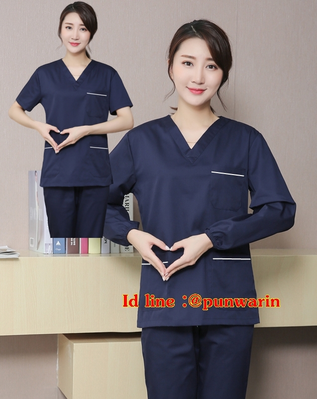 ชุดฟอร์มพนักงานสำเร็จรูป ชุดหมอผ่าตัด ชุดพยาบาลห้องผ่าตัด เอวยางยืด สีกรมท่า S-2XL T6211004-8 ชุด