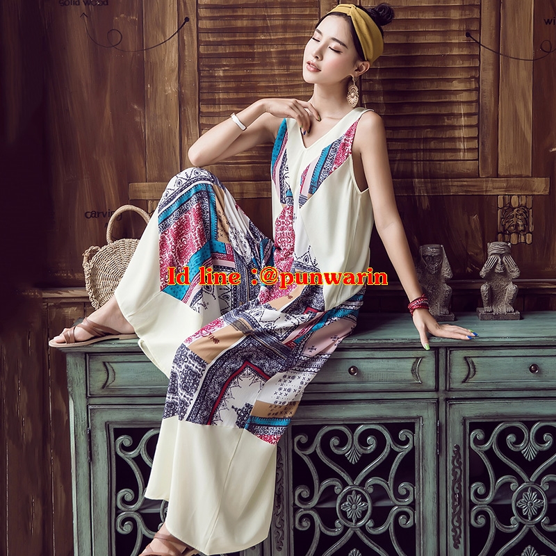 ชุดจั้มสูทคอวียาว สีขาวแขนกุดสไตล์โมฮีเมียน สวยแซ็กซี่แปลกตา ขาว S-XL UM6211009 ชุด