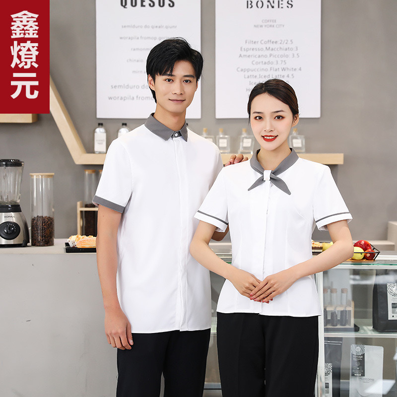 เสื้อฟอร์มพนักงานร้านอาหารกาแฟโรงแรม แขนสั้น ดำ แดง ฟ้า เทา L-3xl F6809003 เสื้อ+เปื้อน* ขั้นต่ำ 2 ตัว
