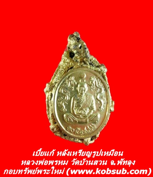 เบี้ยแก้ หลังเหรียญรูปเหมือน มีจาร หลวงพ่อพรหม วัดบ้านสวน จ.พัทลุง