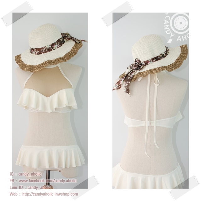 (Size S) ชุดว่ายน้ำทูพีช ตะขอเกี่ยวหลังและผูกคอ มีซีทรูช่วงอก บราระบายสีขาว กางเกงเอวต่ำมีระบาย