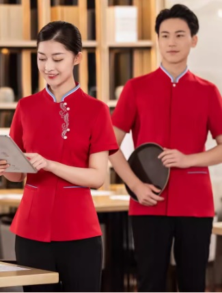 ชุดพนักงานร้านอาหารร้านกาแฟโรงแรมรีสอร์ต แขนสั้น กรมท่าเข้ม แดง ครีม L-6XL FC6701002 เสื้อ+เปื้อน **ไม่มีขั้นต่ำ