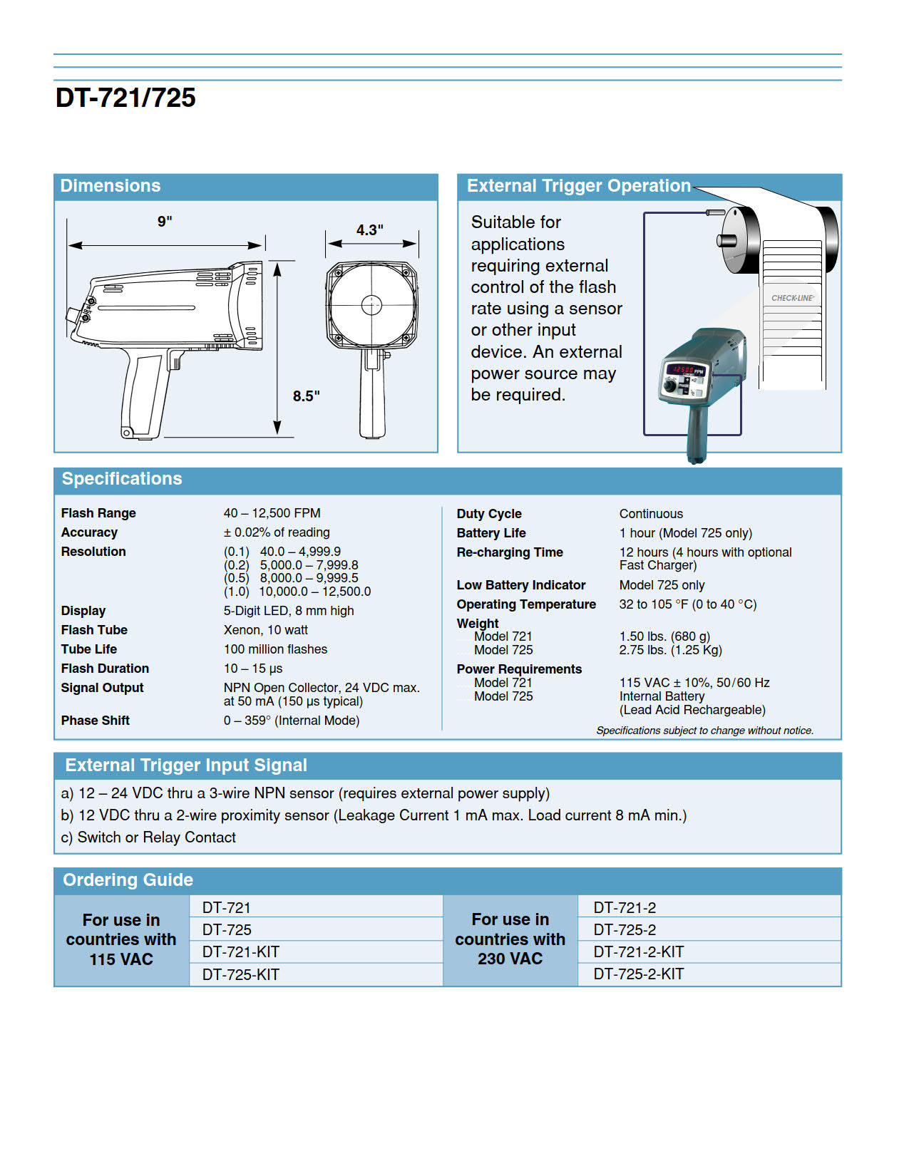 NidecSHIMPO รุ่นDT-725เครื่องวัดความเร็วรอบขนาดพกพาแบตเตอรี่ในตัว,Battery Powered Stroboscope,230V AC Charger