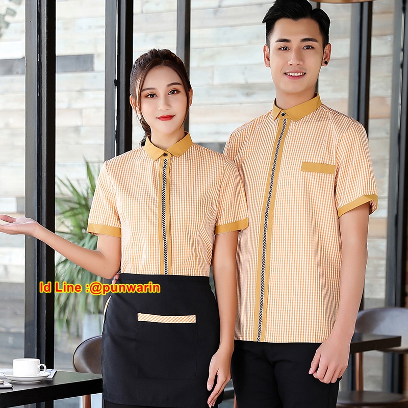เสื้อพนักงานต้อนรับ เสื้อพนักงานเสริฟ เสื้อพนักงานโรงแรม เสื้อพนักงานร้านอาหารจีน ดำ แดง ม่วง เขียว L-3XL F6307007 เสื้อ+ ผ้ากันเปื้อนตามรูป