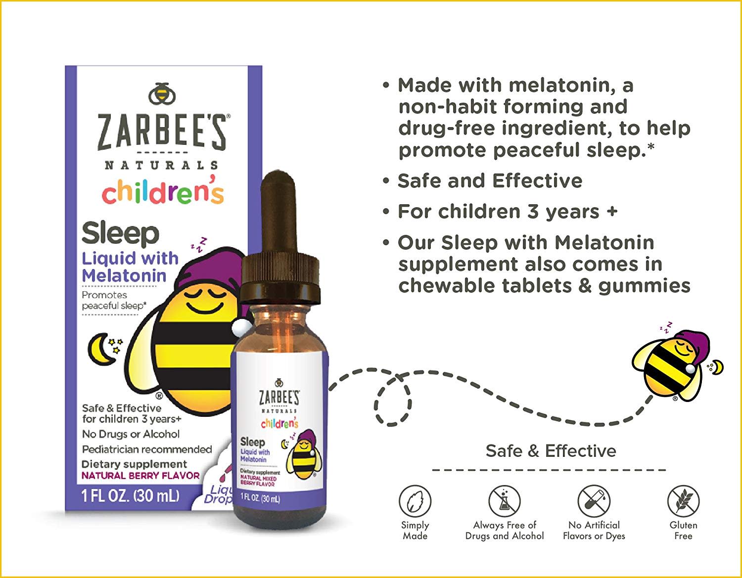 เมลาโทนินสูตรพิเศษชนิดน้ำ สำหรับเด็ก Zarbee's Naturals Children's Sleep Liquid with Melatonin Natural Berry Flavor 1 oz
