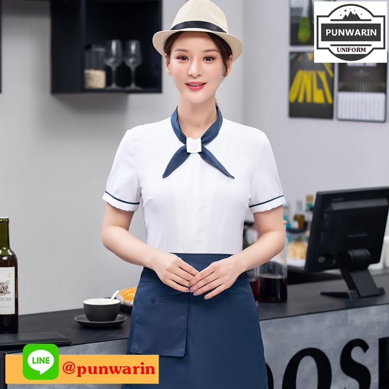 เสื้อพนักงานต้อนรับพนักงานเสริฟเสื้อพนักงานโรงแรมนรีสอร์ท ดำ แดง ขาว L-4XL F6507001 เสื้อ+เปื้อน
