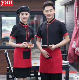 F6203008 เสื้อพนักงานต้อนรับ เสื้อพนักงานเสริฟ เสื้อพนักงานโรงแรม เสื้อพนักงานร้านอาหาร ดำ แดง L-3XL F6203008 เสื้อ+ ผ้ากันเปื้อนตามรูป