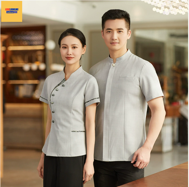 เสื้อฟอร์มพนักงานร้านอาหารกาแฟโรงแรม แขนสั้นผ้าฝ้ายคอจีน ดำ เทา M-4XL F6805004 ตัว