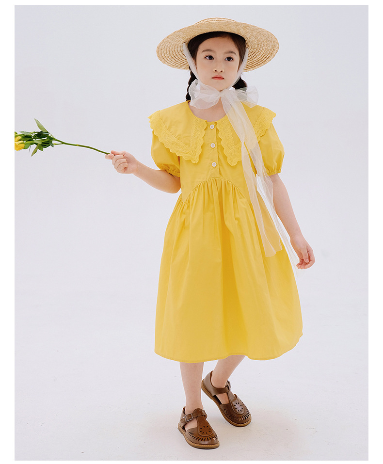 ชุดเดรสสีเหลืองคอปกลูกไม้แขนตุ๊กตา