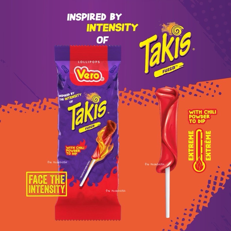 ขนมนำเข้า ยอดฮิต🇺🇸 Vero Takis Chamoy Artificially Flavored Lollipop with Chili Pepper Powder - อมยิ้ม อมยิ้มรสเค็มเผ็ดเปรี้ยวหวานครบรส ถุงละ 3 แท่ง 2.54 oz. ราคา 175 บาท