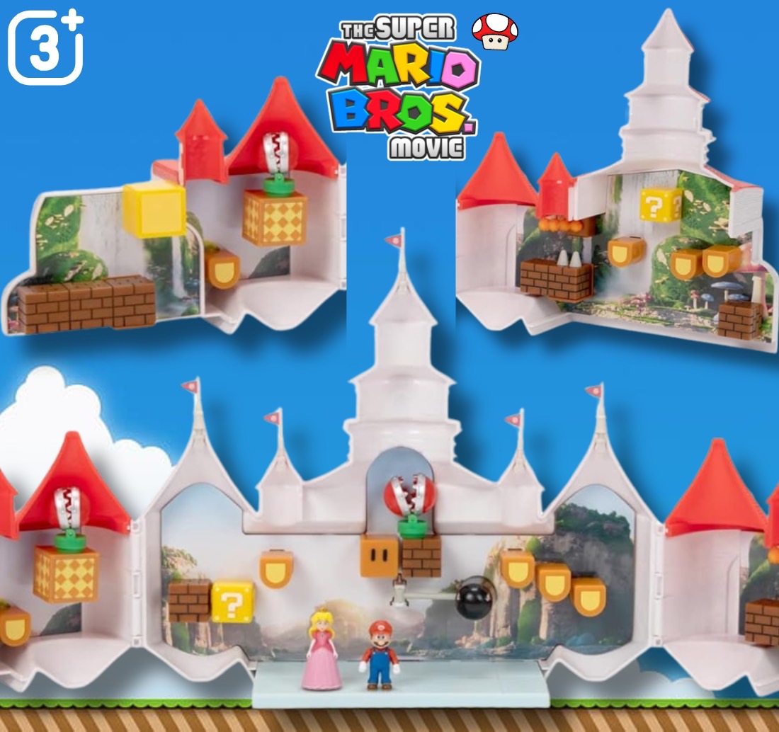 ฟิกเกอร์มาริโอ้ ‼ นำเข้า🇺🇸 THE SUPER MARIO BROS. MOVIE – ชุดของเล่นปราสาท Mushroom Kingdom พร้อมฟิกเกอร์ Mario และ Princess Peach ขนาดเล็ก 1.25 นิ้ว ราคา 2190 บาท