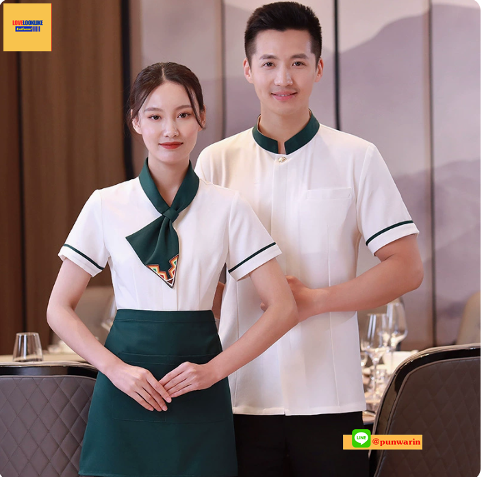 เสื้อพนักงานต้อนรับ เสื้อพนักงานเสริฟ เสื้อพนักงานโรงแรม เสื้อพนักงานร้านอาหาร เสื้อพนักงานซุปเปอร์มาร์เก็ต เสื้อพนักงานร้านกาแฟ ดำ ขาว L-4XL F6802002 เสื้อ+ผ้ากันเปื้อน