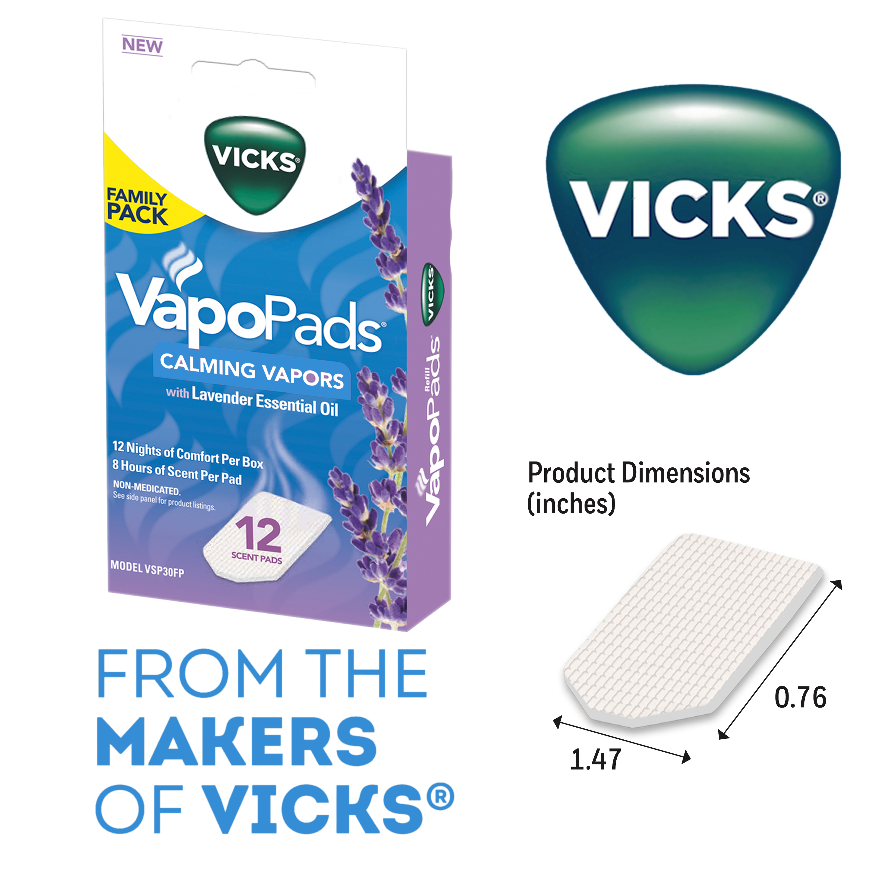 Vicks Calming Lavender VapoPad, 12 pack แผ่นวิคส์ refill สำหรับใส่เครื่อง Vicks Gallon หรือเครื่อง Vicks Waterless หรือเครื่อง Vaporizer