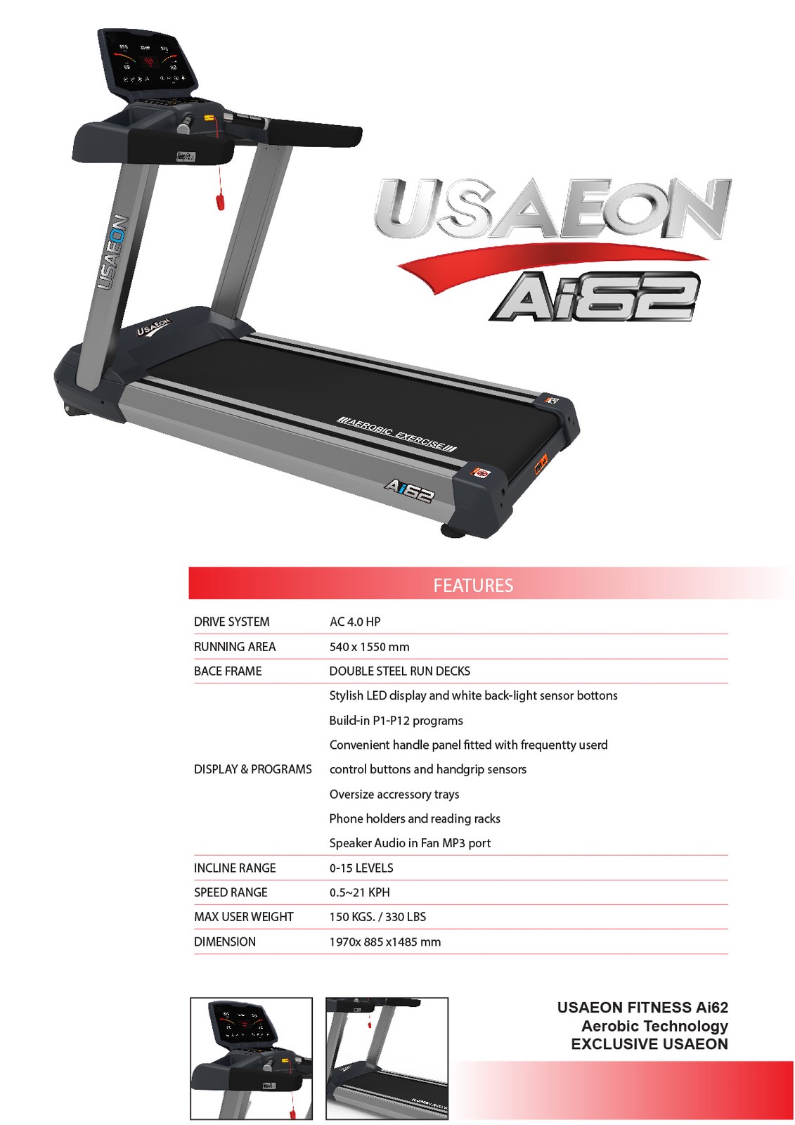 ลู่วิ่งไฟฟ้าฟิตเนส USAeon รุ่น Ai62 Motor 5 AC